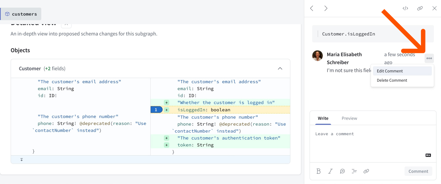 Editing a schema proposal comment in GraphOS Studio